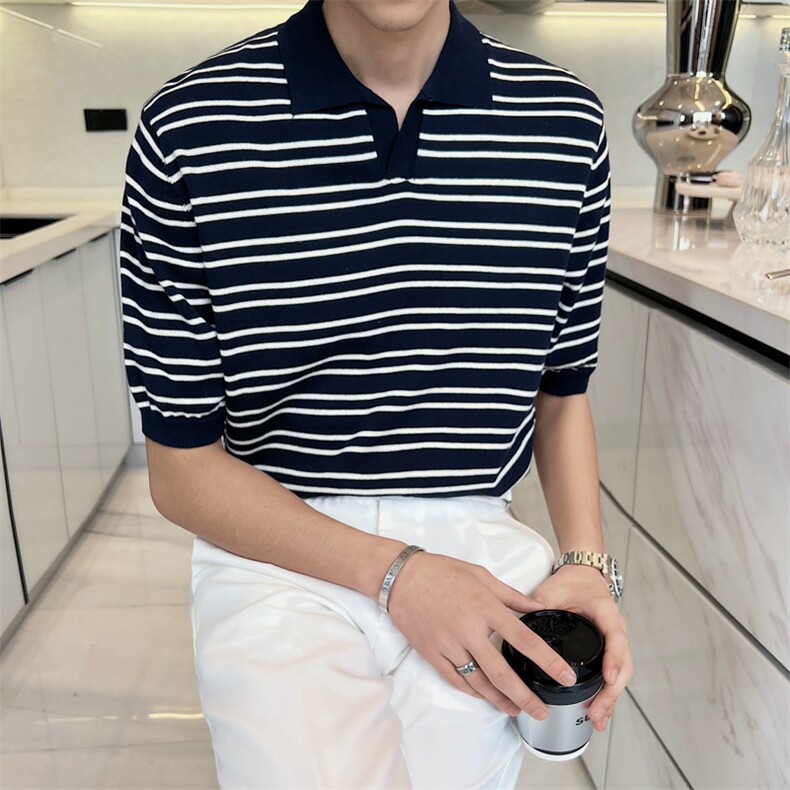 2026夏款轻熟风宽松条纹针织短袖tee套头翻领Polo衫M37/P50特,男装T恤,电商A243