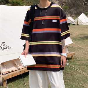 ins潮牌港风日系百搭宽松韩版潮流原宿风打底衫条纹短袖 T100-P20图片