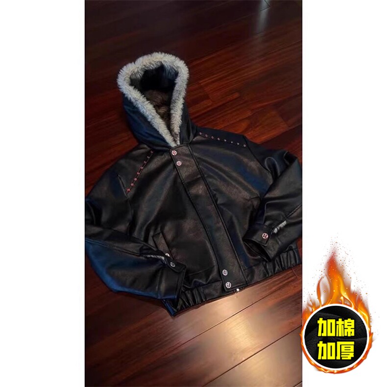 现货冬季美式潮牌痞帅PU皮机车服棉衣毛毛绒狼王座山雕皮棉服,男装棉衣,电商A486