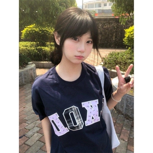 夏季新款多色字母格子碎花贴布潮牌短袖情侣上衣TX8099图片