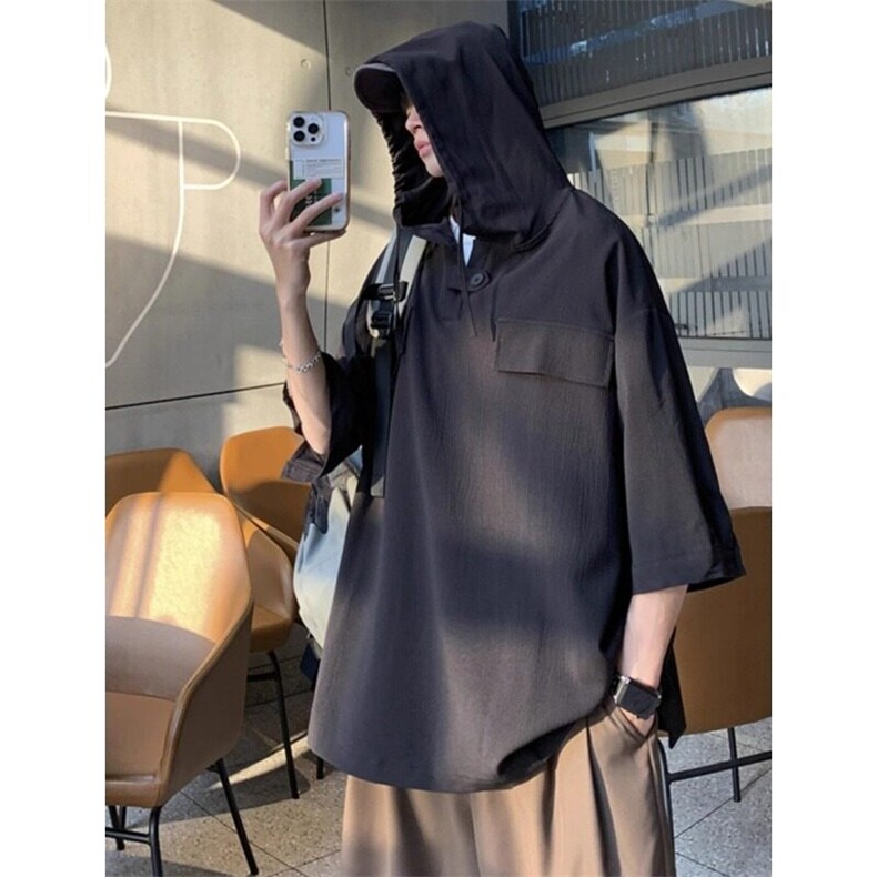 连帽套头短袖T恤男士休闲外套夏季设计感小众五分袖上衣,男装T恤,星座506A