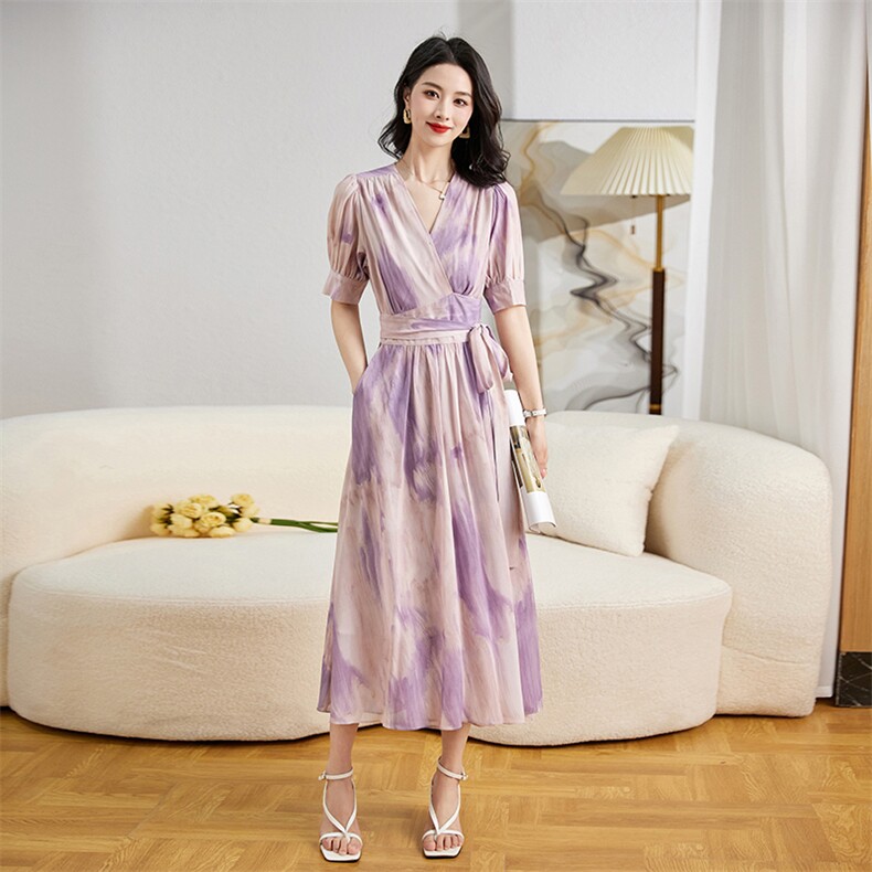 现货！雪纺连衣裙女2023年夏季新款气质显瘦高腰短袖长裙,女装连衣裙,雅佳俏