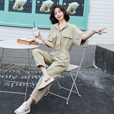立领连衣裤2021夏装新款简约时尚百搭工装风抽绳收腰显瘦连体裤女，女装连体裤，辉之琳