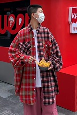 美式拼接格子衬衫男ins潮牌高街设计感宽松情侣长袖衬衣CS406-P40，男装衬衫，星座1008-1