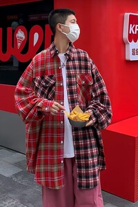 美式拼接格子衬衫男ins潮牌高街设计感宽松情侣长袖衬衣CS406-P40图片