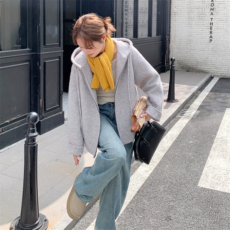 韩系连帽双面呢羊毛外套女2025秋冬新款加厚小个子高级感短款外套图片