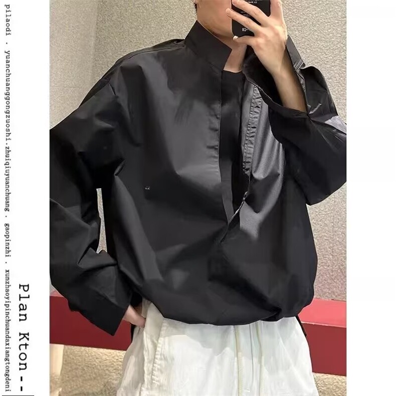 2025小众设计感假两件长袖衬衫男款简约宽松休闲百搭衬衣潮流上衣,男装衬衫,四季星座505