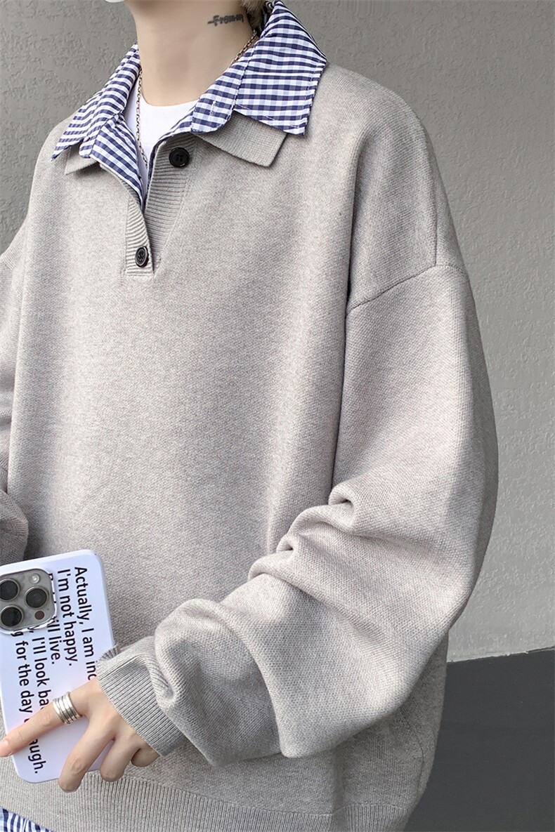 美式复古假两件翻领毛衣男新款长袖拼接上衣羊毛衫外套MY1233P65,男装针织衫/毛衣,电商D206-1