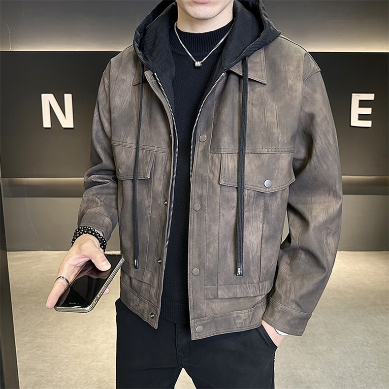 连帽假两件可拆卸男装皮衣高级感皮夹克外套男C317-6661-P160,男装夹克,电商C317