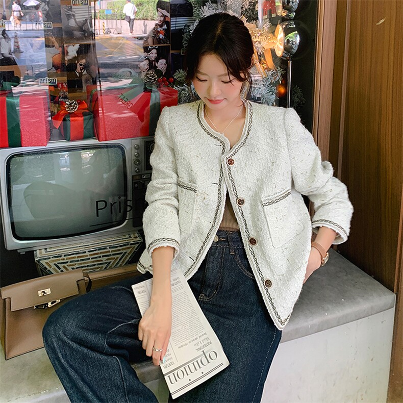 燕麦羊毛法式小香风外套女2025年春秋新款高级感百搭短款轻奢上衣,女装毛呢外套,天使之佳话