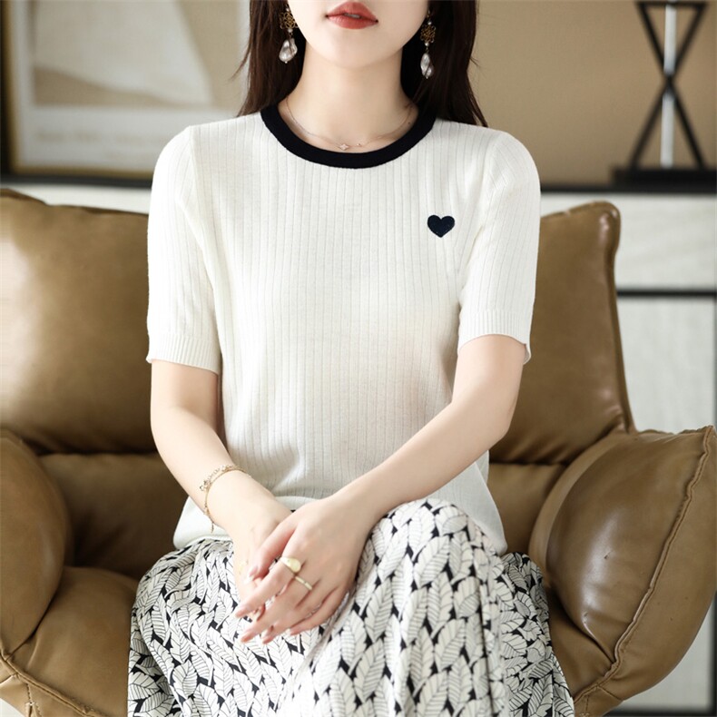 2025春季活动通勤弹力新款女士打底衫夏季简约百搭时尚圆领短袖，女装T恤，德尔信羊绒