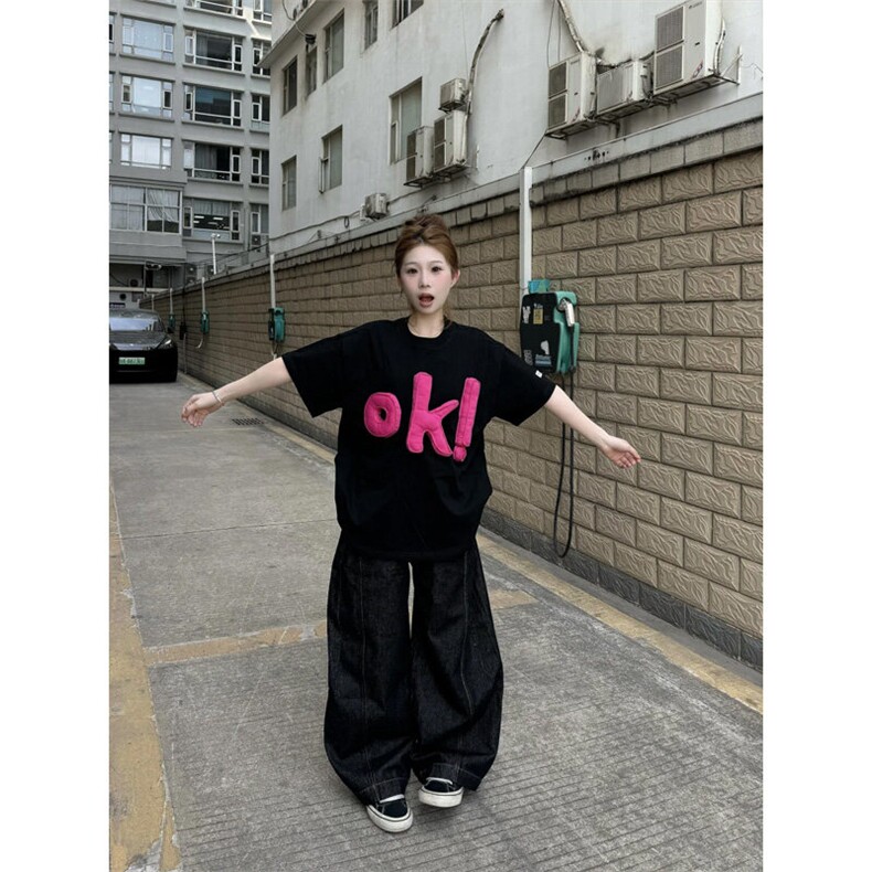 BK891LL-特45 美式复古立体字母情侣短袖T恤男女款夏季小领口半袖图片