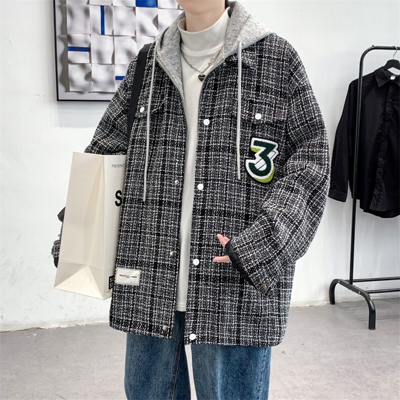 冬款加绒加厚棉服毛巾绣假两件潮牌格子外套男士8129-P120控价158图片