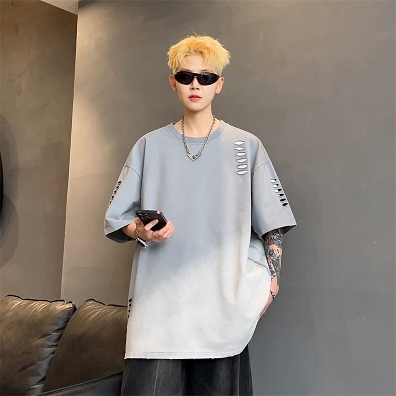 破洞男士短袖夏季潮牌ins渐变冰丝t恤宽松加肥加大码微胖男装半袖,男装T恤,星座813-2