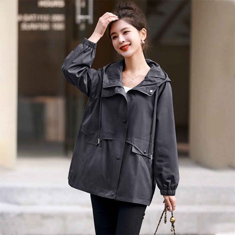 休闲连帽风衣女纯棉外套2025春秋新款韩版宽松洋气显瘦中长款上衣，女装风衣，丽影随形