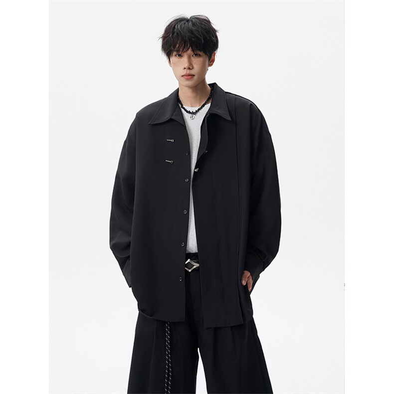 8XL-M风新中式黑色翻领长袖衬衫男秋季休闲衬衣痞帅CS537P58，男装衬衫，电商D206-1