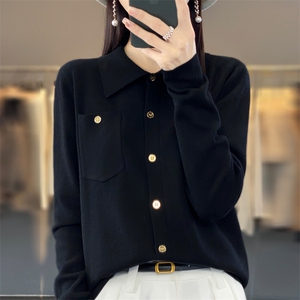 鄂尔多斯市翻领羊毛针织开衫外套女宽松薄款春秋新款毛衣外搭图片