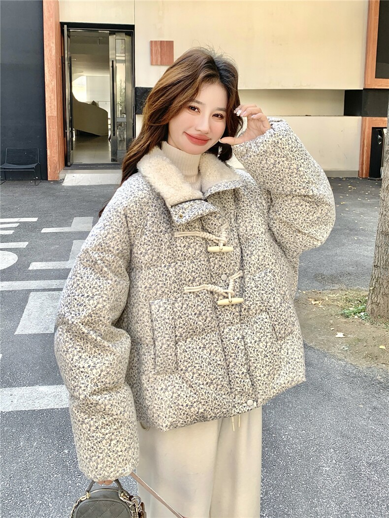 撞色短款小香风碎花羽绒服2025新款女冬独特漂亮毛绒领派克服外套,女装羽绒服,慧尚依恋