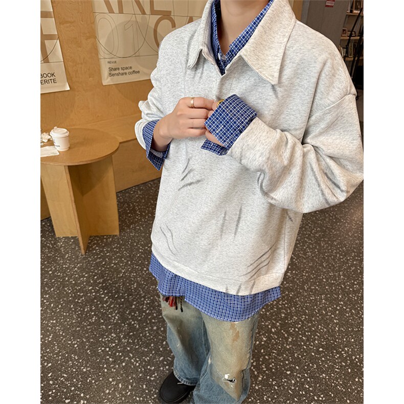 猫爪布韩系学院风假两件格子衬衫拉链衬衫领休闲春款卫衣P68,男装卫衣,电商B319