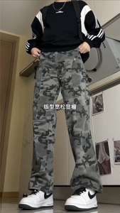 新款迷彩微喇牛仔裤 美式休闲做旧直筒高街工装裤伐木裤GJ39P45图片