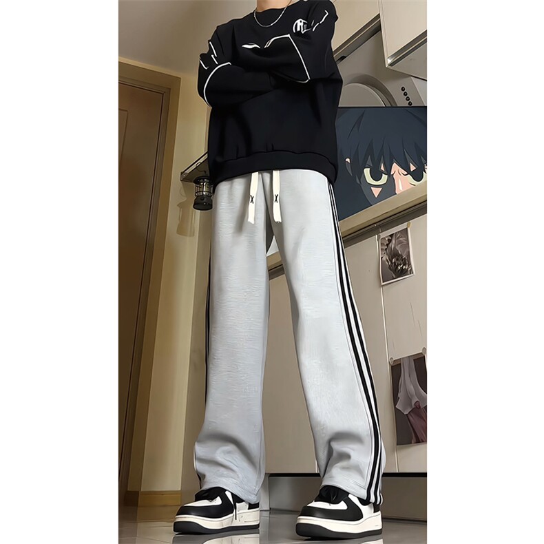 卫裤男款春秋新款侧边织带条纹运动裤休闲直筒阔腿KZ017P48加绒58,男装休闲裤,电商B312