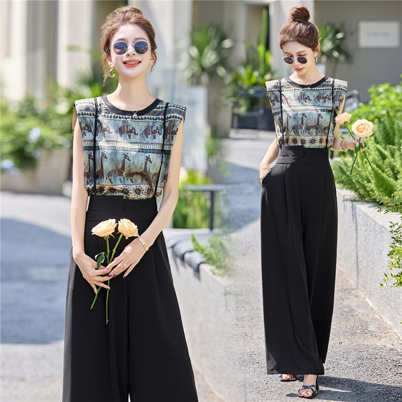 超火一整套休闲两件套2025夏高级感无袖印花上衣背带阔腿裤两件套，女装套装/套裙，意芙