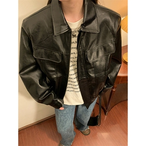 中性工装皮衣情侣女潮机车皮衣大码M-5XL夹克男JK77869P85控138图片