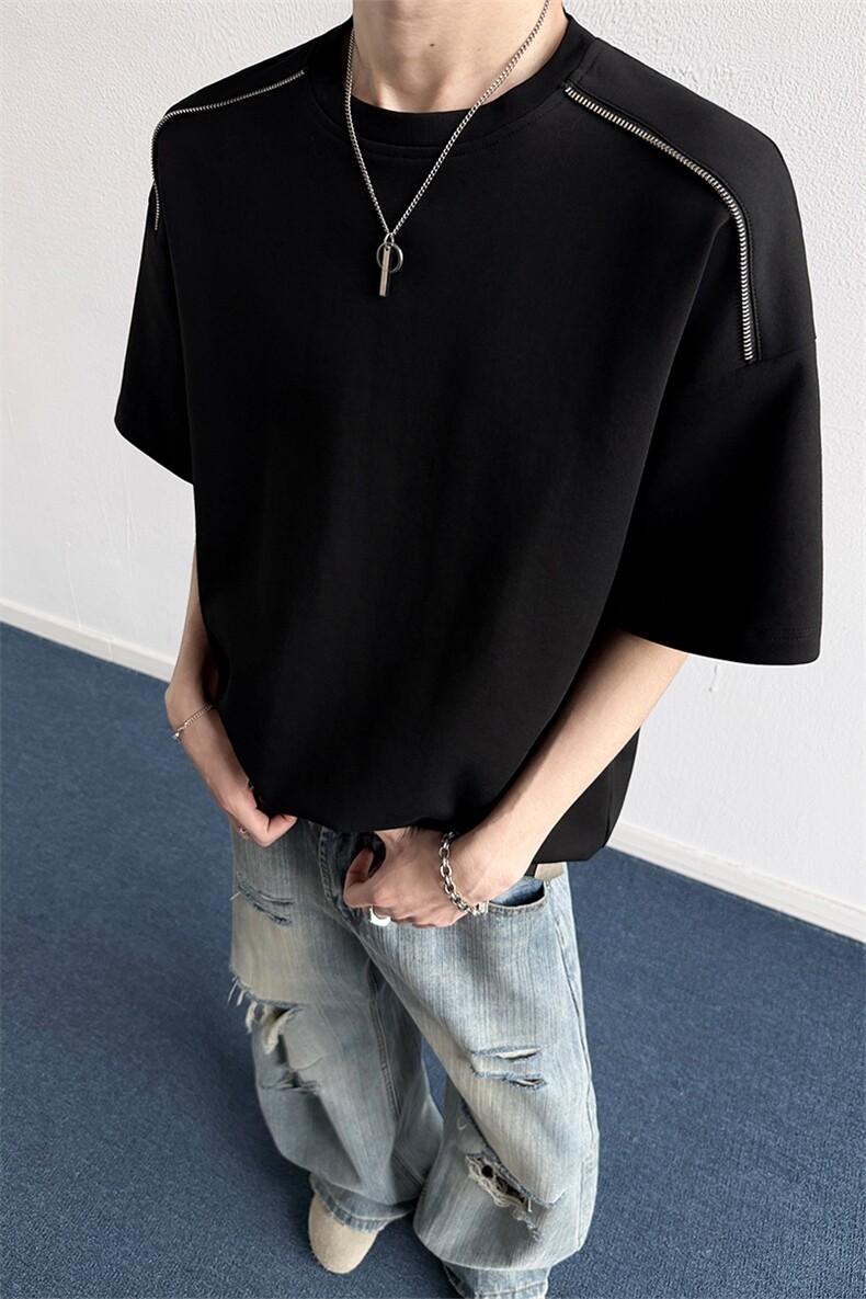 2026夏季拼接短袖T恤拉链装饰潮流正肩男X61301-TP15不,男装T恤,电商A102