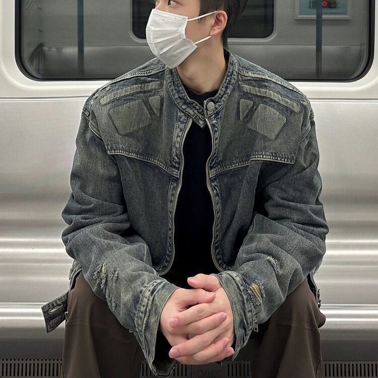 美拉德潮牌复古水洗做旧牛仔外套男女高街百搭浮雕异形机甲夹克秋图片