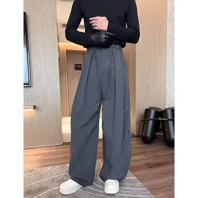 网络图 复古阔腿西装裤男女2025秋新款高街设计感直筒垂感休闲裤图片
