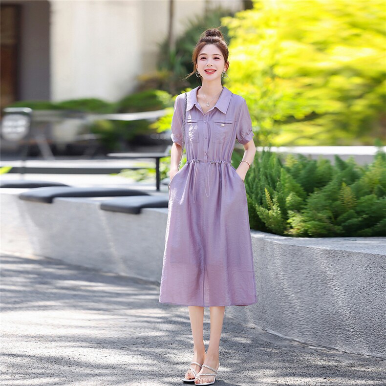 莱赛尔天丝连衣裙女2025新款夏季中长款高级感收腰减龄衬衫a字裙，女装连衣裙，梦芯尔