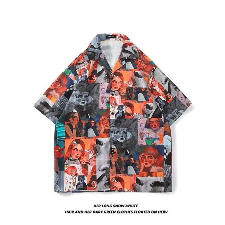 美式复古短袖夏威夷花衬衫宽松古巴领沙滩度假bf潮薄款衬衣男，男装衬衫，星座506B