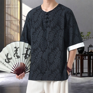 男士衬衫五分袖衬衣中袖印花圆领唐装风 XZ1512-2612-P40图片