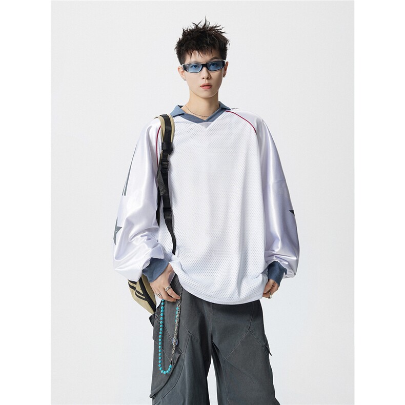 可二开美式POLO衫大码M-5XL拼接V领球衣长袖T恤男CX78111P45控69图片