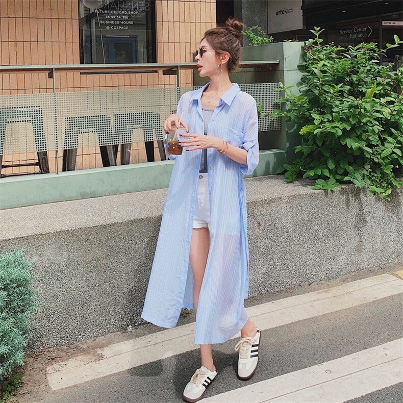 高级感蓝色五分袖条纹衬衫外套女夏2025新款宽松休闲防晒长款上衣,女装衬衫,浙宝217