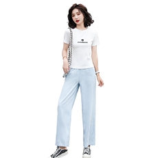 套装/套裙女2021夏季新款小雏菊短袖时尚天丝牛仔裤两件套装潮，女装套装/套裙，瑶迪依秀