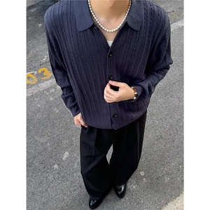 先生简约宽松韩版纯色翻领针织衫条纹半拉链慵懒风男毛衣polo衫图片