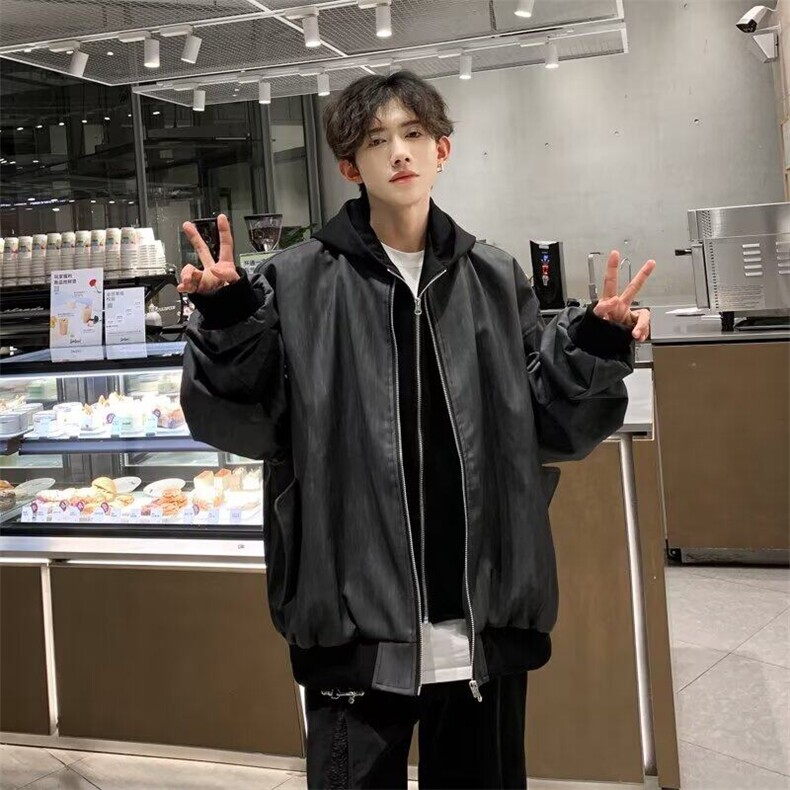 假两件连帽外套皮衣男2025春秋季新款美式痞帅潮牌宽松休闲夹克，男装夹克，星座601-1