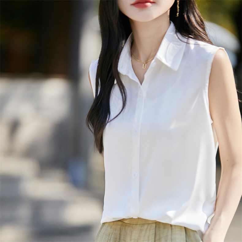衬衫女设计感小众春夏季新款气质缎面无袖上衣通勤职业衬衣打底衫图片