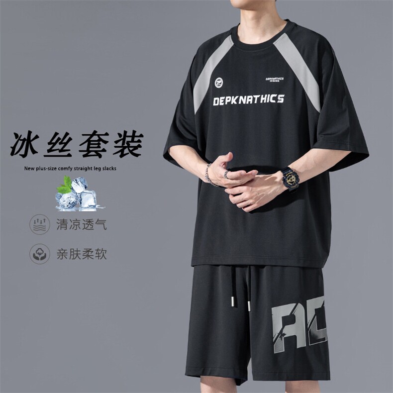 夏日出游穿搭套装男款痞帅高级感字母印花美式篮球短袖短裤一整套图片