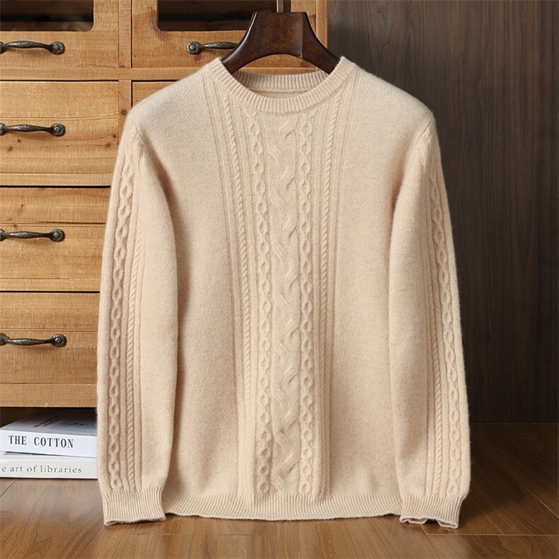新款男士七针双股绞花羊绒衫35%羊绒高品质保暖时尚套头毛衣男装，男装羊绒套衫，榆莲羊绒