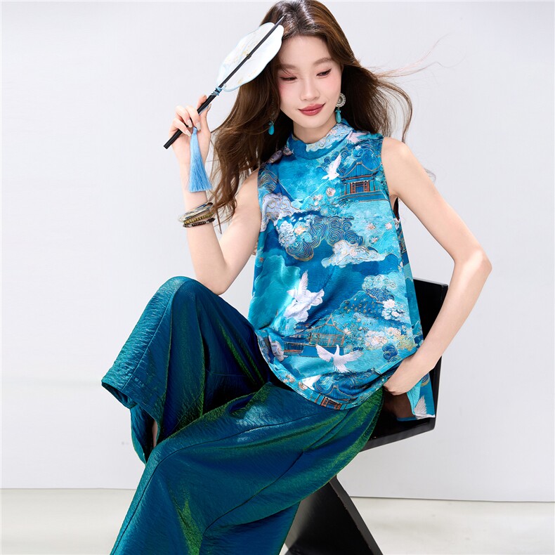 夏季新款现货！2026新中式洋气撞色印花上衣+宽松阔腿裤两件套装图片
