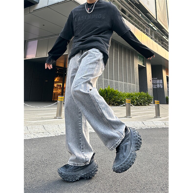 美式高街vibe风直筒长裤欧美痞帅男hiphop复古水洗拼接工装牛仔裤图片