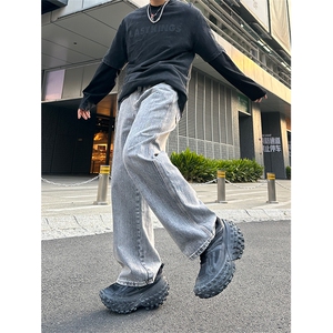 美式高街vibe风直筒长裤欧美痞帅男hiphop复古水洗拼接工装牛仔裤图片