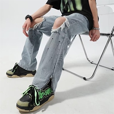美式高街牛仔裤男韩版潮流破洞帅气泼墨2023夏季ins长裤RK675-P50，男装牛仔裤，星座412-3