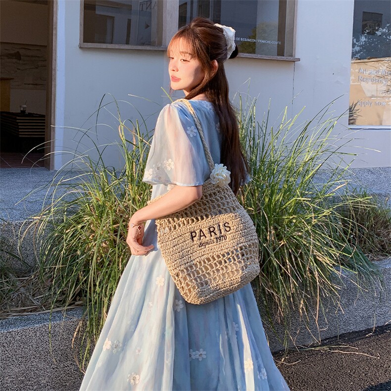 透气短袖法式复古港风印花连衣裙小清新裙子显瘦气质,女装连衣裙,2C123