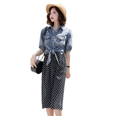 2021年夏季POLO领排扣泡泡袖圆点短袖中长款连衣裙，女装套装/套裙，魅影