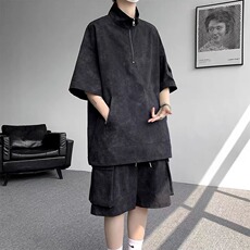 美式工装套装男夏季宽松休闲穿搭一整套短袖2025新款冰丝运动短裤，男装休闲套装，星座506A