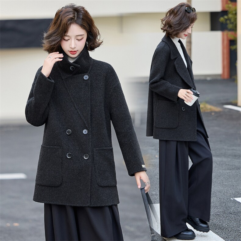 韩版西装领毛呢大衣女中长款双排扣高端气质外套秋冬，女装双面呢大衣，蝶眷
