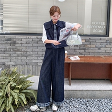 秋季牛仔阔腿裤马甲时尚两件套女，女装套装/套裙，2B219